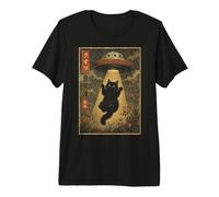 Vintage Japanese Cat UFO Abduction Ukiyo-e Alien Cat Maglietta Premium