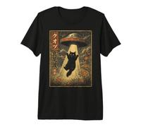 Vintage Japanese Cat UFO Abduction Ukiyo-e Alien Cat Maglietta Premium