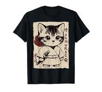 Vintage Kawaii Samurai Ninja Cat Anime Giapponese Divertente Bambini Maglietta