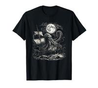 Vintage Kraken Attaccando Pirata Nave Mostro Nautico Tee Maglietta