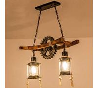 Vintage Lampada A Sospensione E27*2 Legno Massello Regolabile Luci Pendenti Retrò Ciondolo Lampada Di Illuminazione Restaurant Café Bar Scala in Ferro Battuto Ingranaggi Lampadario Plafoniera