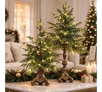 Vintage Lighted Norfolk Pine Tree,Tabletop Christmas Decor with LED Light | Pre-Lit Artificial Norfolk Pine Small Christmas Tree,Warm White LED Glow,Cascading Evergreen Branches,Antique-Bronze Pedestal