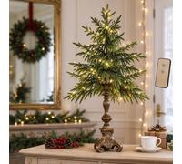 Vintage Lighted Norfolk Pine Tree,Tabletop Christmas Decor with LED Light | Pre-Lit Artificial Norfolk Pine Small Christmas Tree,Warm White LED Glow,Cascading Evergreen Branches,Antique-Bronze Pedestal