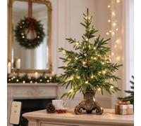 Vintage Lighted Norfolk Pine Tree,Tabletop Christmas Decor with LED Light | Pre-Lit Artificial Norfolk Pine Small Christmas Tree,Warm White LED Glow,Cascading Evergreen Branches,Antique-Bronze Pedestal