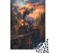 Vintage Locomotiva a vapore,Puzzle Per Adulti 38x26cm/1000pcs,Giochi Di Sfida Old Wooden Bridge Tramonto in The Mountains