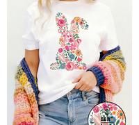 Vintage Maglietta a maniche corte con scollo rotondo e motivo carino di coniglio, taglie comode 0XL,1XL,2XL,3XL,4XLNataleTessuto