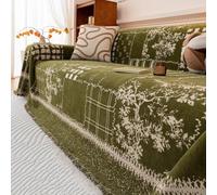Vintage Minimalist Sofa Throw, Floral And Branch Pattern Sofa Cover | Soft Chenille Furniture Protector Cover, Decorative Throw Blanket With Tassels, For Sofa Couch Bed Chair(Green,180x300cm)