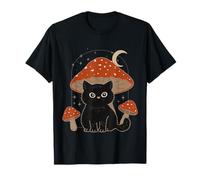 Vintage Mushroom Black-Cat Cottagecore Estetica Donne Ragazze Maglietta