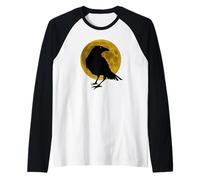Vintage Nero Corvo Corvo Uccello Silhouette Pieno Vendemmia Luna Maglia con Maniche Raglan