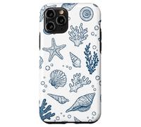 Vintage Ocean Seashells Coastal Linocut Blu Custodia per iPhone 11 Pro