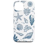 Vintage Ocean Seashells Coastal Linocut Blu Custodia per iPhone 13