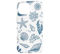 Vintage Ocean Seashells Coastal Linocut Blu Custodia per iPhone 15