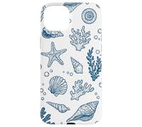 Vintage Ocean Seashells Coastal Linocut Blu Custodia per iPhone 15 Plus