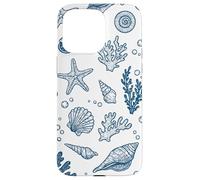 Vintage Ocean Seashells Coastal Linocut Blu Custodia per iPhone 15 Pro Max