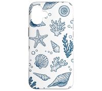 Vintage Ocean Seashells Coastal Linocut Blu Custodia per iPhone 16 Plus