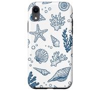 Vintage Ocean Seashells Coastal Linocut Blu Custodia per iPhone XR