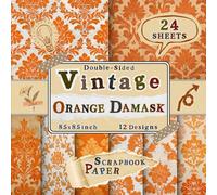Vintage Orange Damask Scrapbook Paper: 24 Double-Sided Sheets with 12 Vibrant & Ornate Designs for Wrapping, Junk Journals, Collage, Scrapbooking & Origami