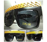 Vintage Rapper Hip Hop Occhiali da Sole Opaco Nera e Oro Catena Link Telaio Dark