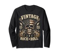 Vintage Rock And Roll American Flag Skull Graphic Guitar Maglia a Manica