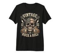 Vintage Rock And Roll American Flag Skull Graphic Guitar Maglietta Premium