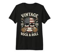 Vintage Rock And Roll American Flag Skull Graphic Guitar Maglietta Premium