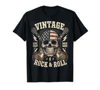 Vintage Rock & Roll American Flag Skull Graphic Guitar Maglietta