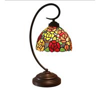 Vintage Rose Flower Stained Glass Decorative Table Lamp, Rose Flower Desk Lamp,8 Inches Shade (Red) Antique Iron Alloy Base Table Light,Bedroom Bedside Living Room Study Dresser
