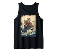 Vintage Samurai Cat Equitazione di Uno squalo in Giapponese Art Anime Canotta