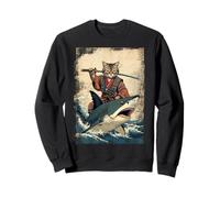 Vintage Samurai Cat Equitazione di Uno squalo in Giapponese Art Anime Felpa