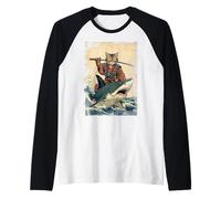 Vintage Samurai Cat Equitazione di Uno squalo in Giapponese Art Anime Maglia con Maniche Raglan