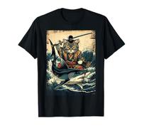 Vintage Samurai Cat Equitazione di Uno squalo in Giapponese Art Anime Maglietta