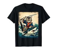 Vintage Samurai Cat Equitazione di Uno squalo in Giapponese Art Anime Maglietta