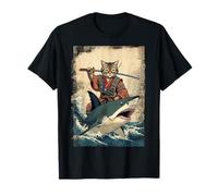 Vintage Samurai Cat Equitazione di Uno squalo in Giapponese Art Anime Maglietta