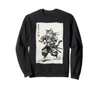 Vintage Samurai Cat Japanese Sumi-e Ink Feline Arti Marziali Felpa