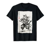 Vintage Samurai Cat Japanese Sumi-e Ink Feline Arti Marziali Maglietta