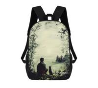 Vintage Solitude - Man And Dog in Tranquil Nature Zaini Per Bambini, Zaini Scolastici Personalizzati 3D Per Ragazzi E Ragazze, Zaini Scolastici Grandi, Zaini Casual Da Giorno 17inch