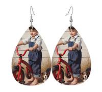 Vintage-Style Boy With Tricycle & Beagle Puppy Art Orecchini Divertenti Orecchini In Pelle Moda Orecchino In Pelle Per Decorazioni Donna
