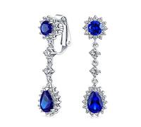 Vintage Style Bridal Simulazione Di Zaffiro Blu Dichiarazione Pave Corona Halo Cubic Zirconia AAA CZ Lunga Pendenti Goccia Ovale Lampadario Clip On Orecchini Per Donne Non-Pierced