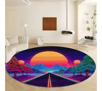 Vintage Style Mountains Trees Road Round Area Rug Diameter 80 cm, Machine Washable Soft Non-Slip Neon Purple Carpet - Short Pile Stain Resistant Print Rug for Living Room Bedroom Dining Room Decor