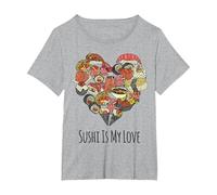 Vintage Sushi Cuore Amore Giapponese Asiatico Amante del CIB Maglietta, Donna Plus-Size, Grigio Melange, 4X