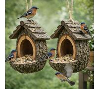 Vintage Treehouse Shape Bird Feeder, Waterproof Resin Tree-Mounted Sculpture Feeding Birdhouse, Outdoors Hanging Open House Birdhouse with Seed Tray for Decorative Yard Patio Lawn Gardens