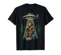 Vintage UFO Abducting Bigfoot Drinking Coffee Maglietta