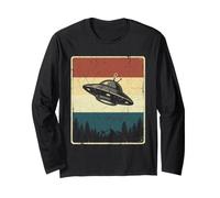 Vintage UFO Alien Astronave Retro Foresta Montagna Scena Art Maglia a Manica