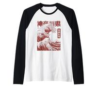 Vintage Ukiyo-e Giapponese Kanagawa Hokusai Grande Onda Maglia con Maniche Raglan