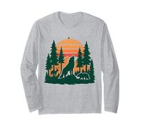 Vintage Ululato Lupo Orso Cervo Retro Foresta Tramonto Avventura Maglia a Manica