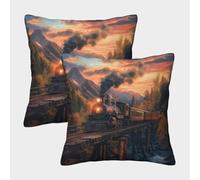 Vintage Vapore Locomotiva Fodera Per Cuscino Quadrata A Tema 3D Old Wooden Bridge Sunset in The Mountains Con Stampa Digitale 50x50cm 2 Pacchi Adatta Per La Decorazione Del Letto Di Casa All'aperto Mo