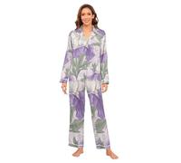Vintage Viola e Bianco Iris Fiori Pigiama Set Morbido Manica Lunga Piuma Polsino Donna Pigiama di Seta Damigella D'onore M pigiama para mujer de algodon manica lunga loungewear 2 pezzi lounge pjs raso