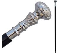 Vintage Walking Stick - Wooden Cane with Silver Brass Handle - Black Wood - Victorian Fancy Cane for Men and Women