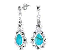 Vintage Western Style Marcasite Accent Teardrop Gemstone Blue Turquoise Dangle Chandelier Orecchini per le donne .925 Sterling Silver December Birthstone