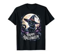 Vintage Witch Cat Happy Halloween Full Moon Art Maglietta